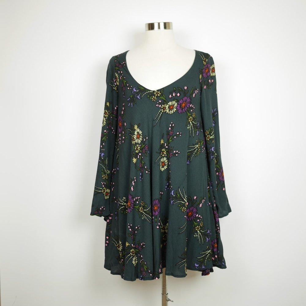 MABEL Black pink floral long slv tunic shift dress